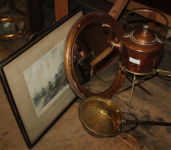 Gilt mirror, chestnut roaster, kettle on stand and a print